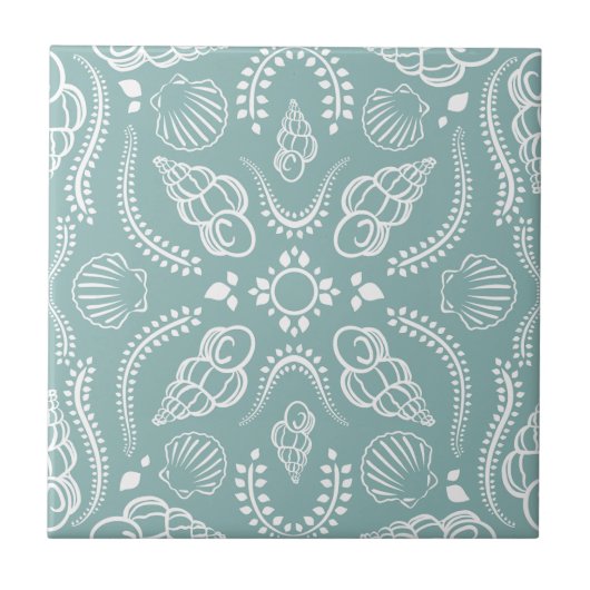 Kust Groen & Wit Zeeschelp Modern Patroon Tegeltje (Voorkant)