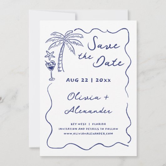 Kust Hand getrokken Doodle Beach bruiloft Save The Date (Voorkant)