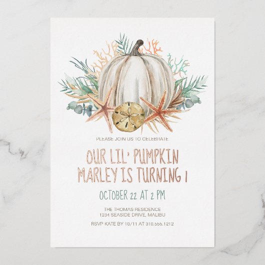 Kust Herfst Verjaardag - Pompoen & schelpen Folie Uitnodiging (Voorkant)