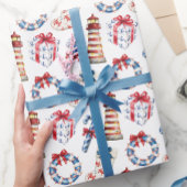 Kust Kerst Blauw en Rood Nautisch Cadeaupapier