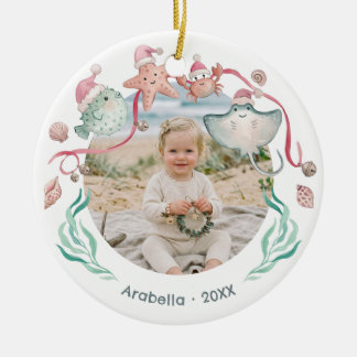 Kust Kerst Foto met Santa en Zee Dieren Keramisch Ornament