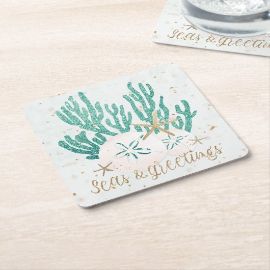 Kust Kerst ZEEEN & Groeten Zeesterren Koraal Vierkante Kartonnen Onderzetter (Schuin)