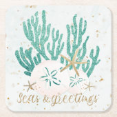 Kust Kerst ZEEEN & Groeten Zeesterren Koraal Vierkante Kartonnen Onderzetter (Voorkant)