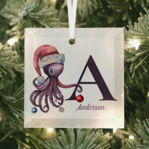 Kust Kerstman Octopus Monogram Naam Glas Ornament