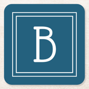 Kust Monogram Ocean Blauw & Witte Initiaal Vierkante Kartonnen Onderzetter