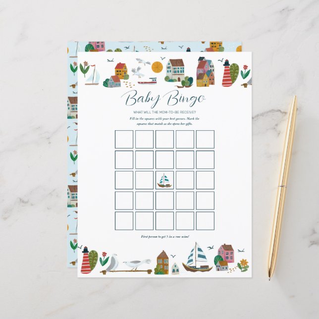 Kust Nautisch Bingo Baby shower spel (Voorkant / Achterkant in situ)