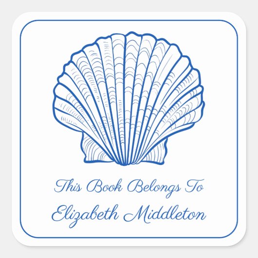 Kust Preppy Blauw en Wit Shell Bookplate Vierkante Sticker (Voorkant)