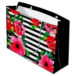 Kust Preppy | Zwarte Streep & Koraal Pioen Bloemen Groot Cadeauzakje