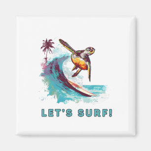 Kust Retro Surfende Schildpad - Laten we Surfen Magneet
