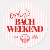 Kust Rode Gestreepte Bach Weekend Shell Ronde Sticker (Voorkant)