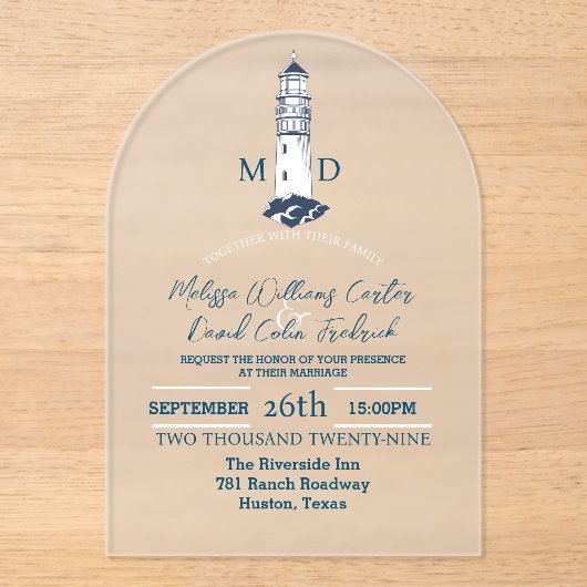 Kust Seaside Beach Nautische vuurtoren bruiloft Acryl Uitnodigingen (Voorkant)