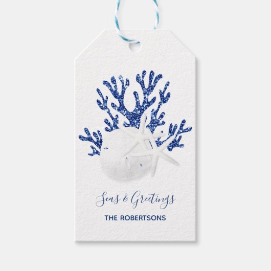 Kust Strand Kerst Marine Blauwe Glitter Cadeaulabel (Voorkant)