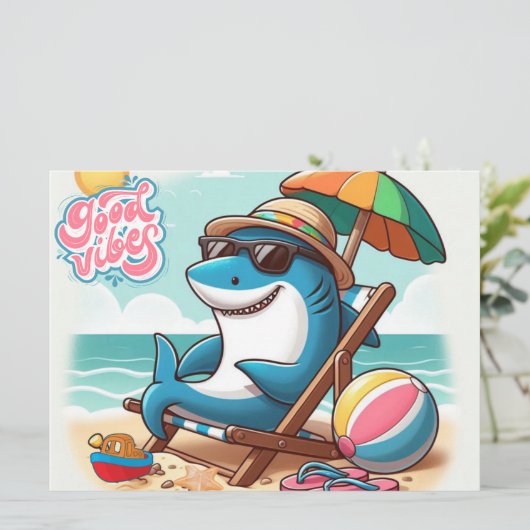 Kust / strand schattige cartoon haai feestdagenkaart (Staand voorkant)