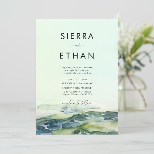 Kust Strand Tide Pool Bold Groen Moderne bruiloft Kaart (Staand voorkant)