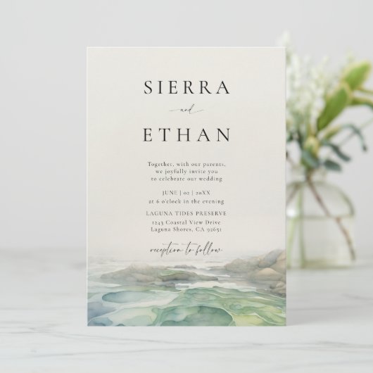 Kust Strand Tide Pool Ecru Groen Elegante bruiloft Kaart (Staand voorkant)