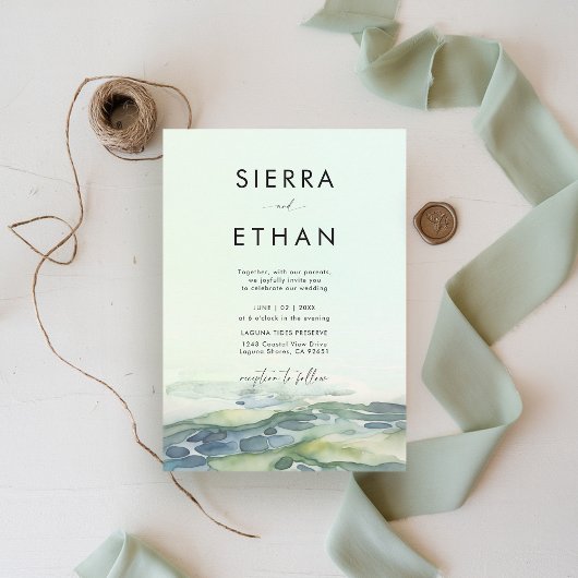 Kust Strand Tide Pool Zee Groen Modern Wedding Kaart