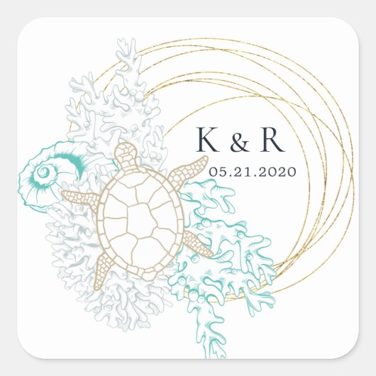 kust turquoise elegante bruiloft vierkante sticker (Voorkant)