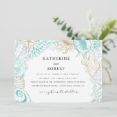 kust turquoise goud bruiloft kaart (Staand voorkant)