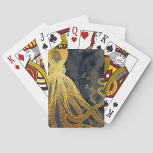 Kust Vintage Octopus Goud Zwart Blauw Aquarel Pokerkaarten