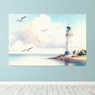 Kust Vuurtoren Meeuwen Pastel Lucht Sereniteit Canvas Afdruk