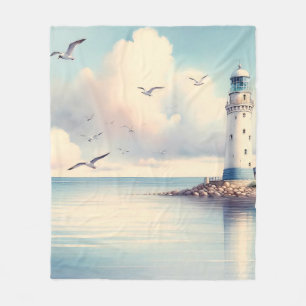 Kust Vuurtoren Meeuwen Pastel Lucht Sereniteit Fleece Deken