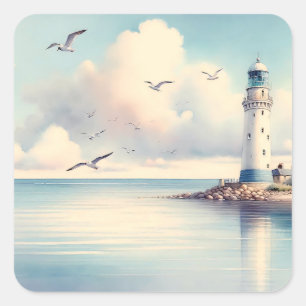 Kust Vuurtoren Meeuwen Pastel Lucht Sereniteit Vierkante Sticker