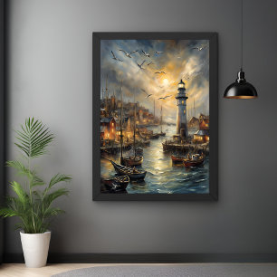 Kust Vuurtoren & Seaside Village Sunset Art Perfect Poster