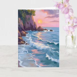 Kust Wat Kandij Zonsondergang Aquarel Schilderij Kaart