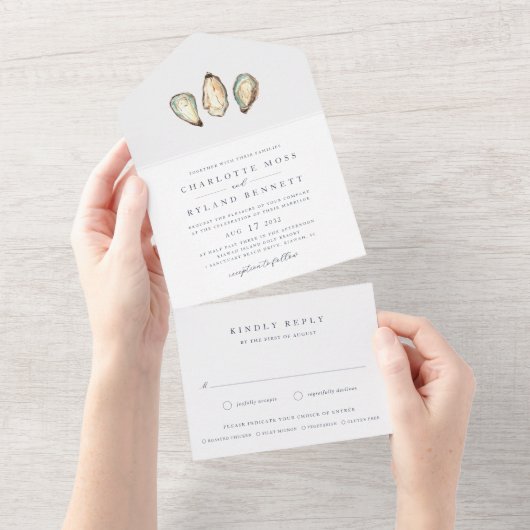 Kust Waterverf Oester Bruiloft All In One Uitnodiging (Afscheurbaar)