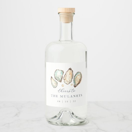 Kust Waterverf Oester Bruiloft Likeurfles Etiket (Voorkant)