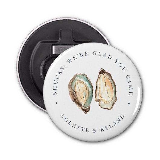 Kust Waterverf Oyster bruiloft gunst Button Flesopener (Voorkant)