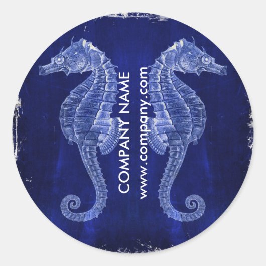 kust witgewassen hout nautisch blauw zeepaardje ronde sticker (Voorkant)