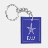 Kust Witte Zeester op Navy Blue Monogram Sleutelhanger (Voorkant Links)
