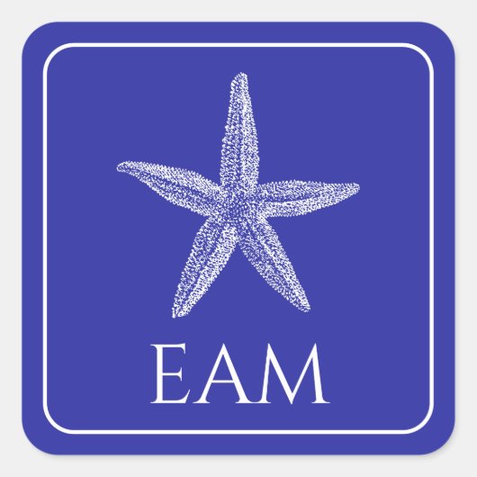 Kust Witte Zeester op Navy Blue Monogram Vierkante Sticker (Voorkant)