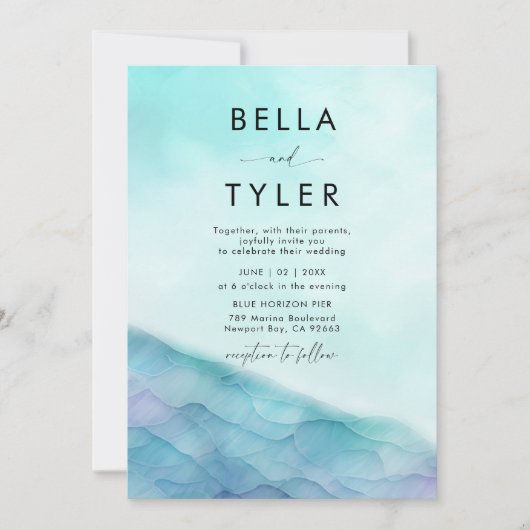 Kust Zee Glas 2 Blauwgroen Lavendel Moderne bruilo Kaart (Voorkant)