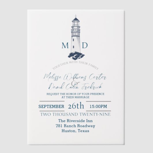 Kust Zee Strand Nautilus Vuurtoren Huwelijk Vellum Uitnodigingen (Voorkant)