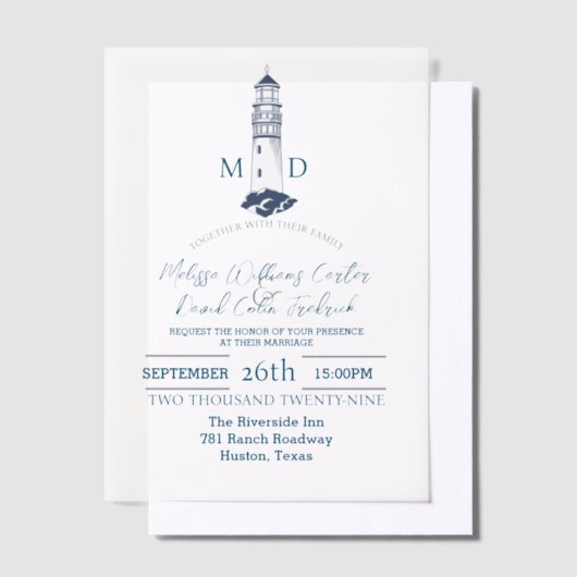 Kust Zee Strand Nautilus Vuurtoren Huwelijk Vellum Uitnodigingen (Offset)
