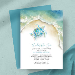 Kust Zeeschildpad Blauw Babyfeestje Aquarel Kaart