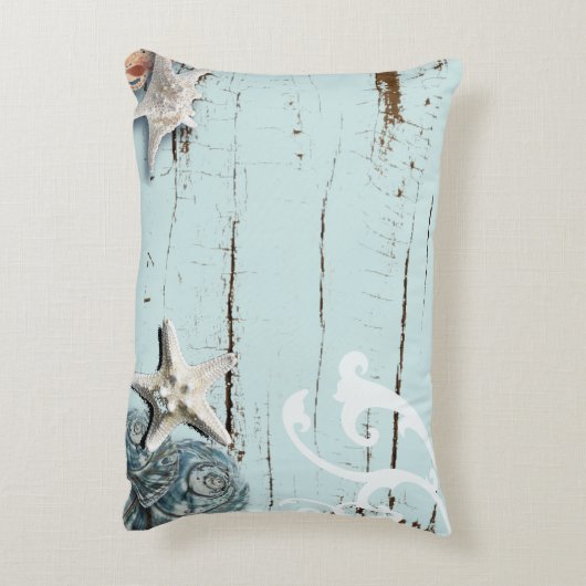 Kustaqua blauw strand hout zeesterren schelp accent kussen (Achterkant (Verticaal))