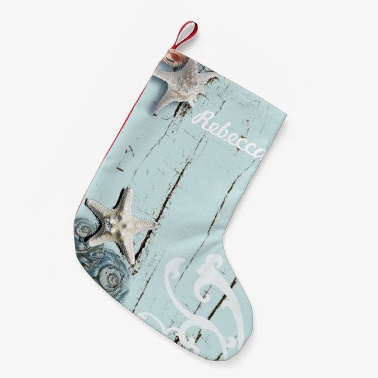 Kustaqua blauw strand hout zeesterren schelp kleine kerstsok (Voorkant (Hangend))