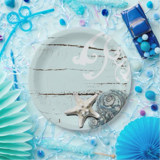 Kustaqua blauw strand hout zeesterren schelp papieren bordje (Feest)