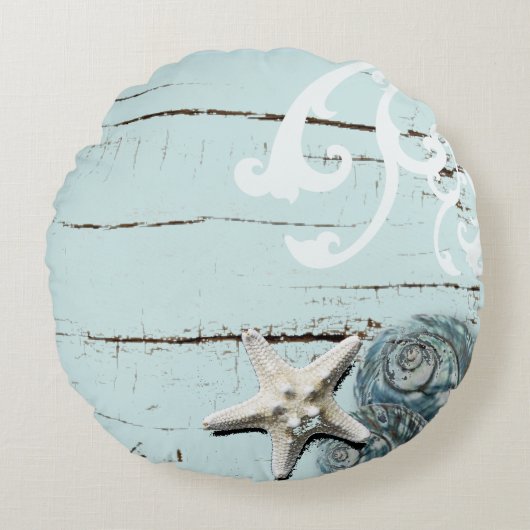 Kustaqua blauw strand hout zeesterren schelp rond kussen (Voorkant)