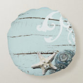 Kustaqua blauw strand hout zeesterren schelp rond kussen (Achterkant)