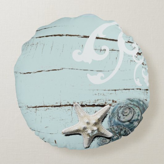 Kustaqua blauw strand hout zeesterren schelp rond kussen (Achterkant)
