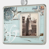 Kustaqua blauw strand hout zeesterren schelp verzilverd kader ornament (Links)