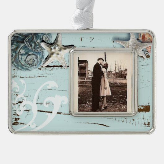 Kustaqua blauw strand hout zeesterren schelp verzilverd kader ornament (Voorkant)