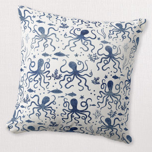 Kustblauw Aquarel Onderwater Octopuspatroon Kussen