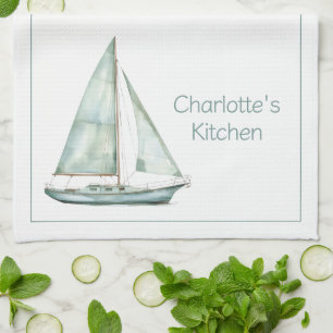 Kustblauw Aquarel Zeilboot Gepersonaliseerd Theedoek