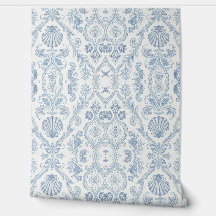 Kustblauw damastbehang - Zeevaart schelp