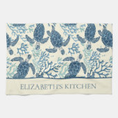 Kustblauw en crème Zee schildpadden gepersonalisee Theedoek (Horizontaal)
